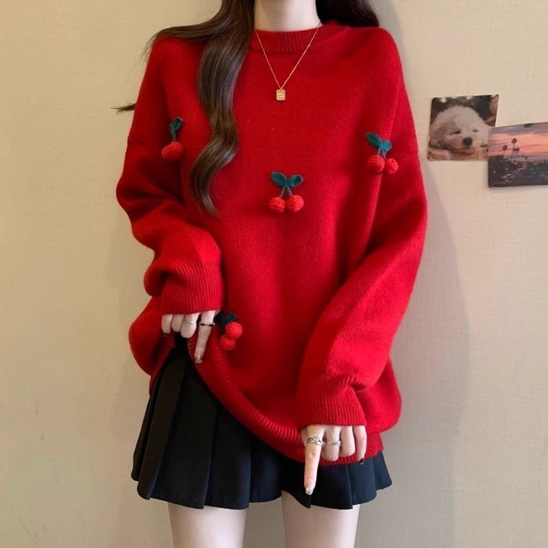Womens Christmas Red Cherry Sweater for Fallwinter