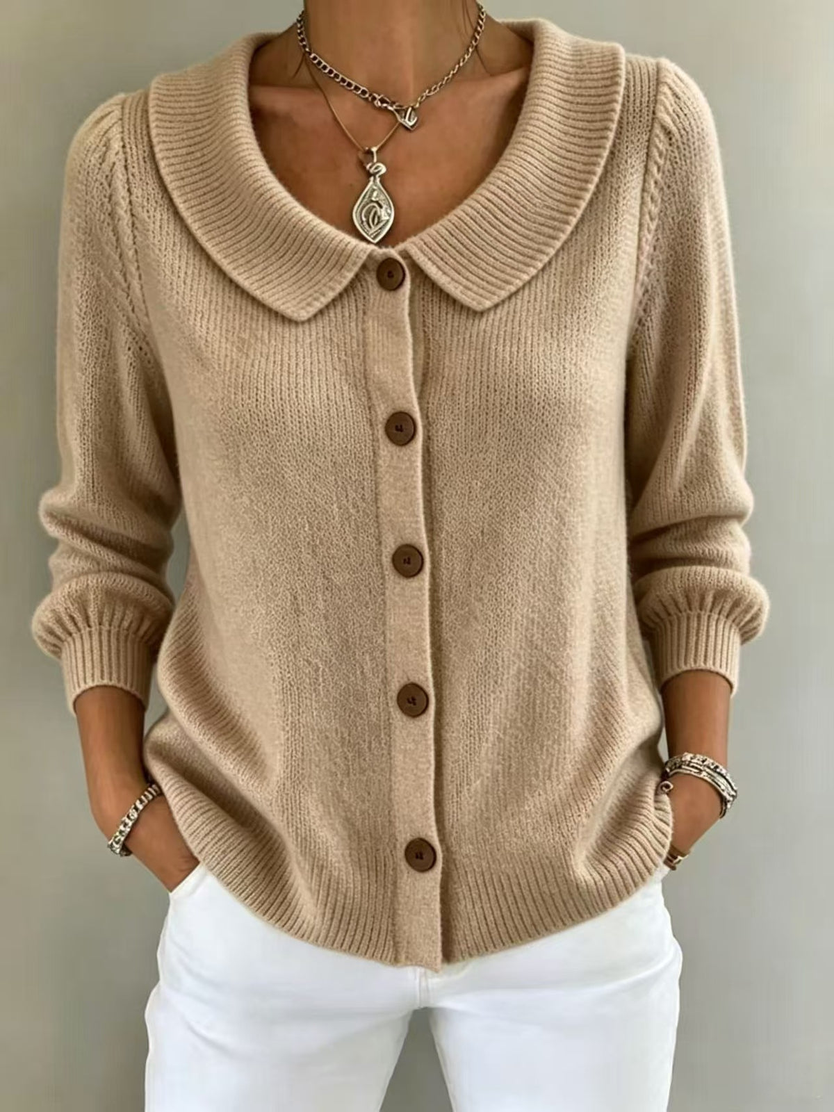 Womens Knitted Button-up Polo-neck Sweater
