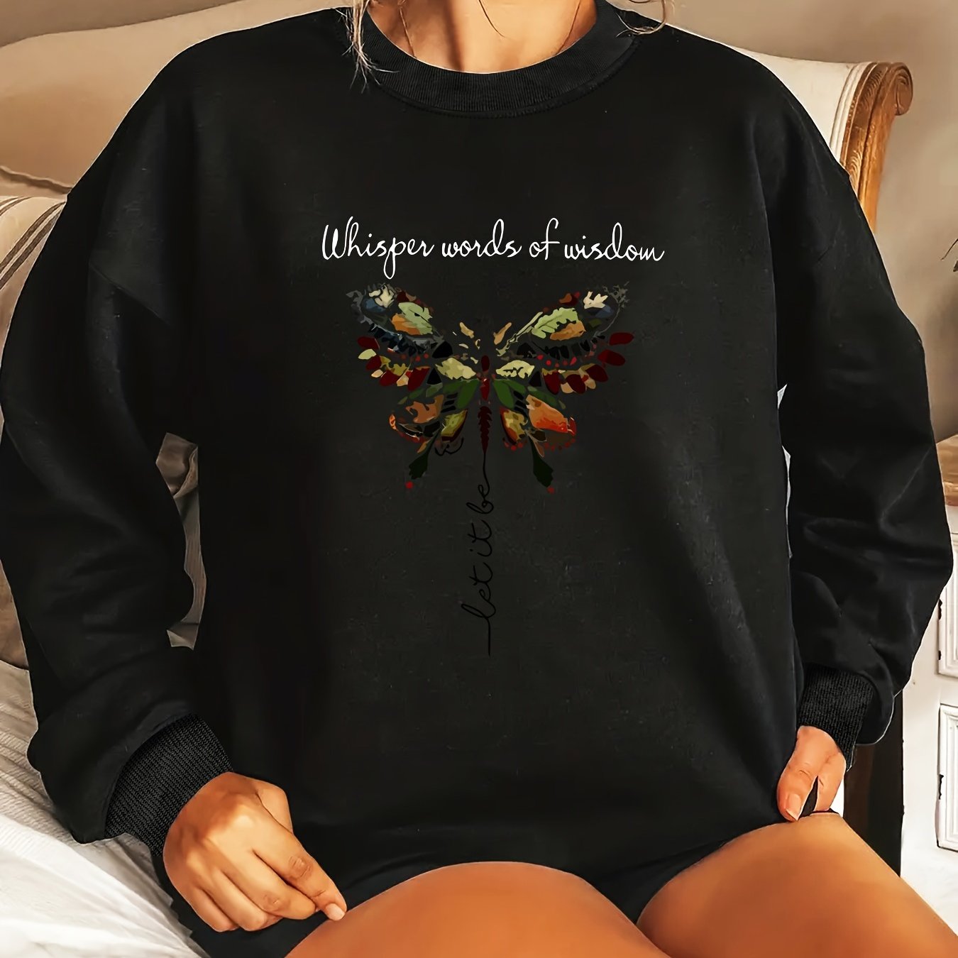 Women's Oversized Butterfly Graphic Long Sleeve Sweatshirt, Round Neck, Casual, Machine Washable