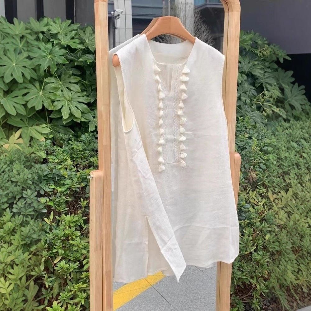 Women's Linen Vest with Tassel Detail – Mid‑Length Sleeveless Top