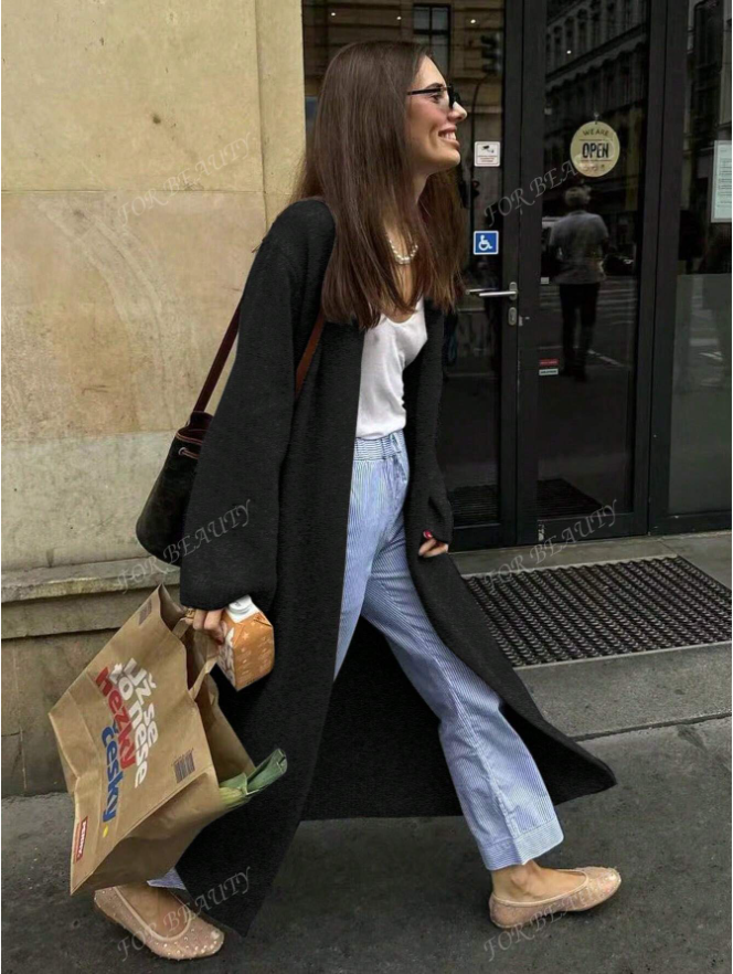 Spring Autumn New V-neck Buttonless Super Loose Long Sleeve
