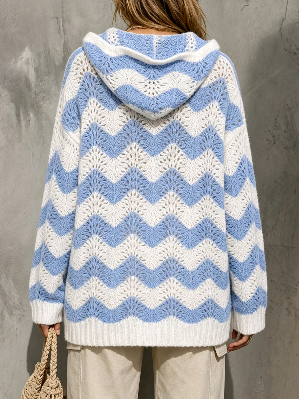 Women & Girl's Oversized Wave Striped Knitted Hooded Pullover Lightweight Polyester Loose Hollow Out Top