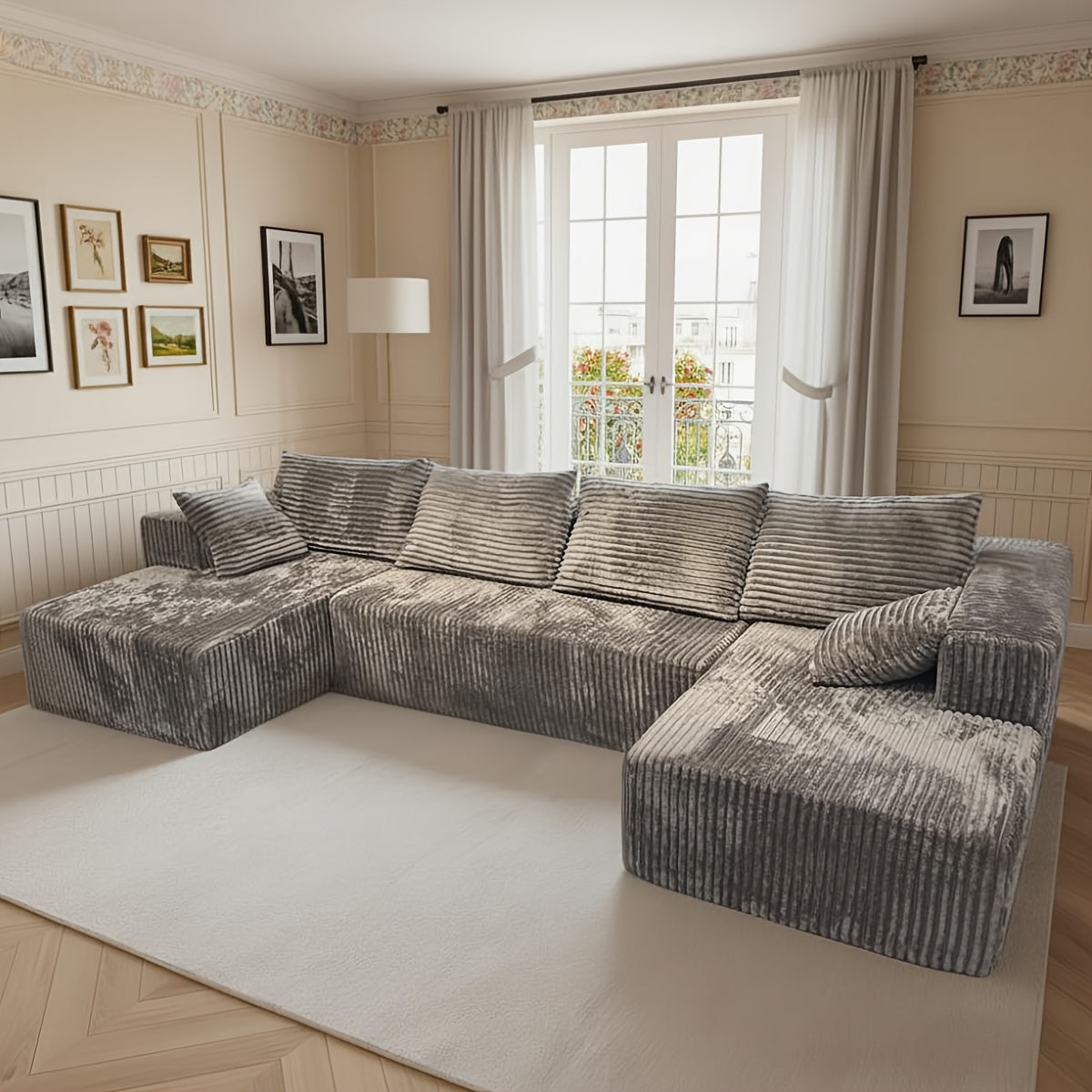 132‑Inch U‑Shaped Modular Corduroy Sofa Bed with Convertible Sleeper