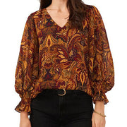 Printed V-neck Long T-shirt Loose Top For Women