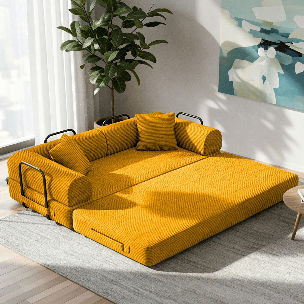 Modular L-shaped chaise longue sofa bed with deep seat and corduroy upholstery