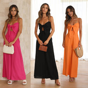 Trendy Tied Spaghetti-Strap Casual Linen Jumpsuit