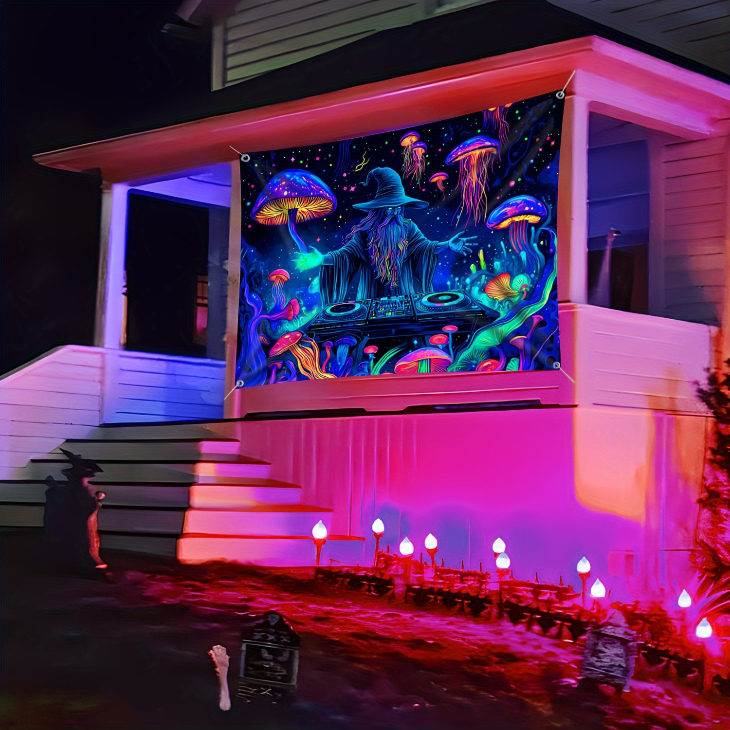 Wizard DJ Jellyfish Mushroom Fluorescent Tapestry – Large Outdoor Wall Hanging for Halloween Yard Parties, Polyester, Hole‑Punched
