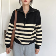 Women's Zipper Striped Sweater Japanese Soft Glutinous Idle Style