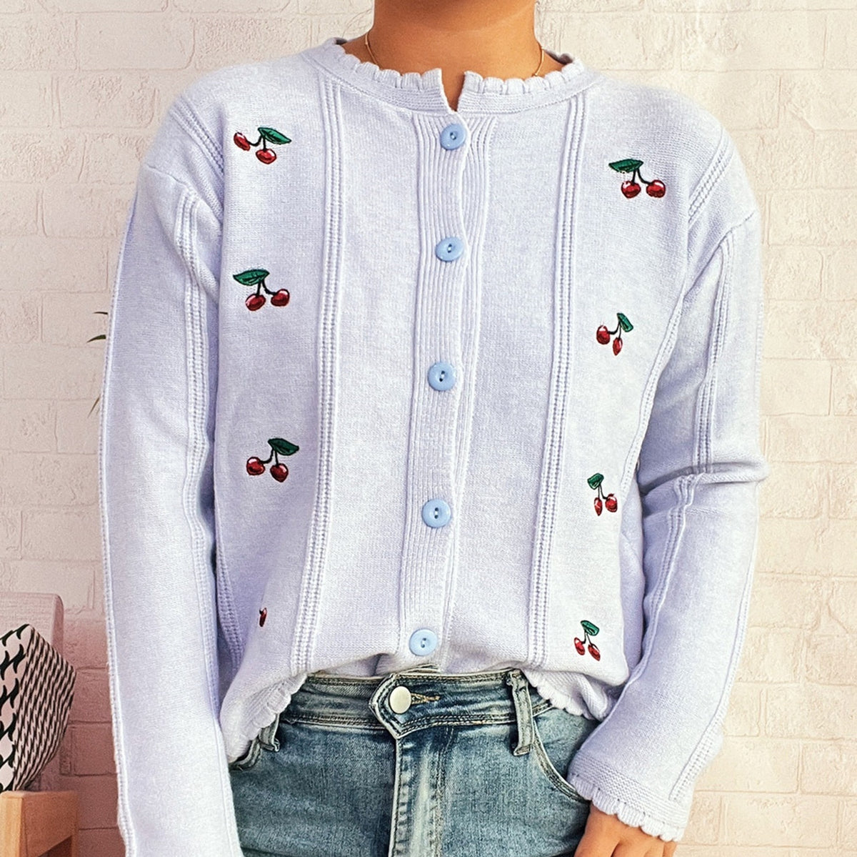 Cherry Embroidered Cute Style Wavy Round Neck Single-breasted Sweater Cardigan