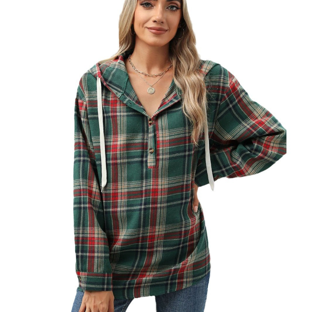 Women's Plaid Button Hoodie Loose Long Sleeve Sweatshirt