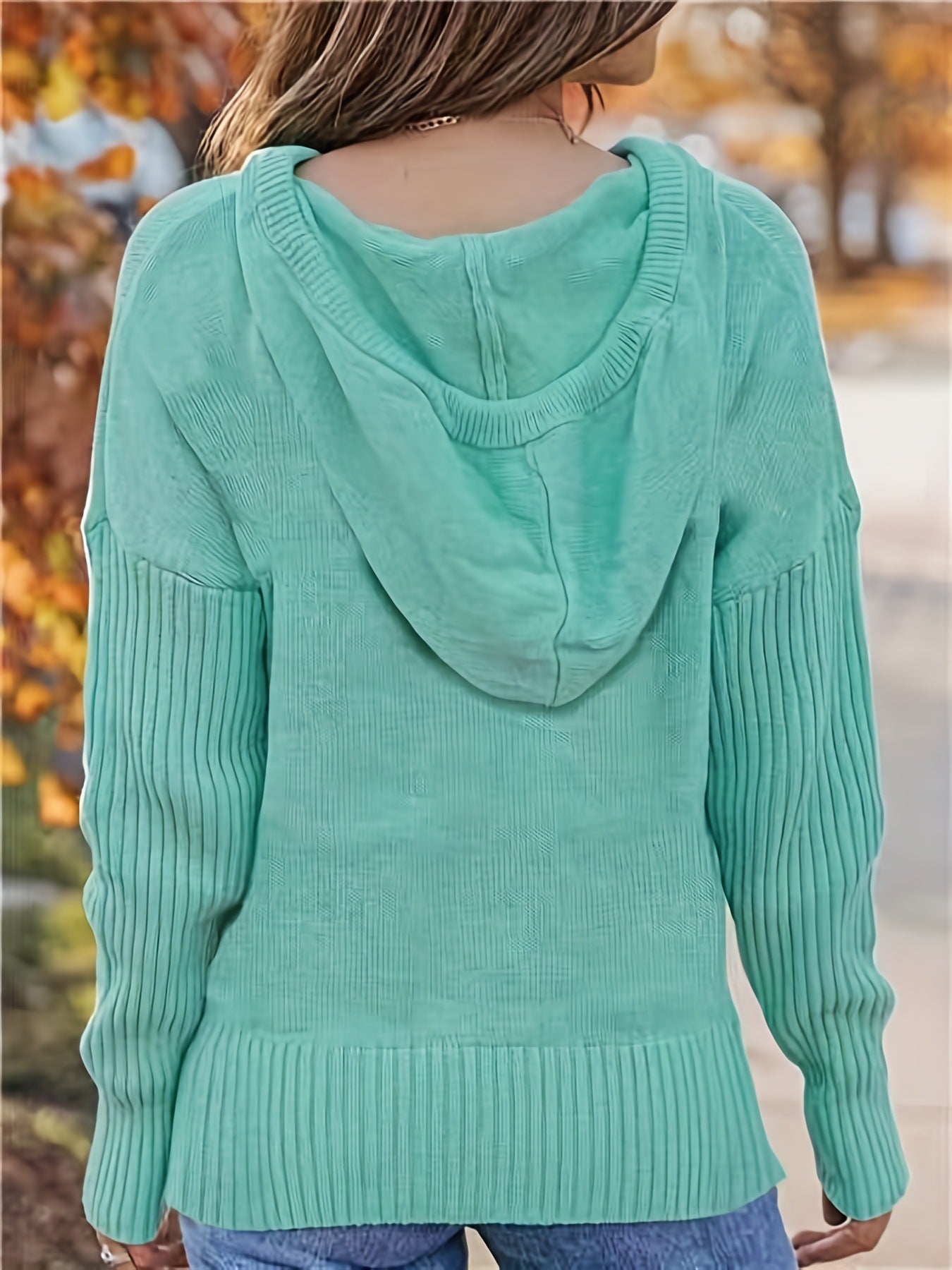 Plus Size Hooded Drawstring Knitted Pullover Sweater