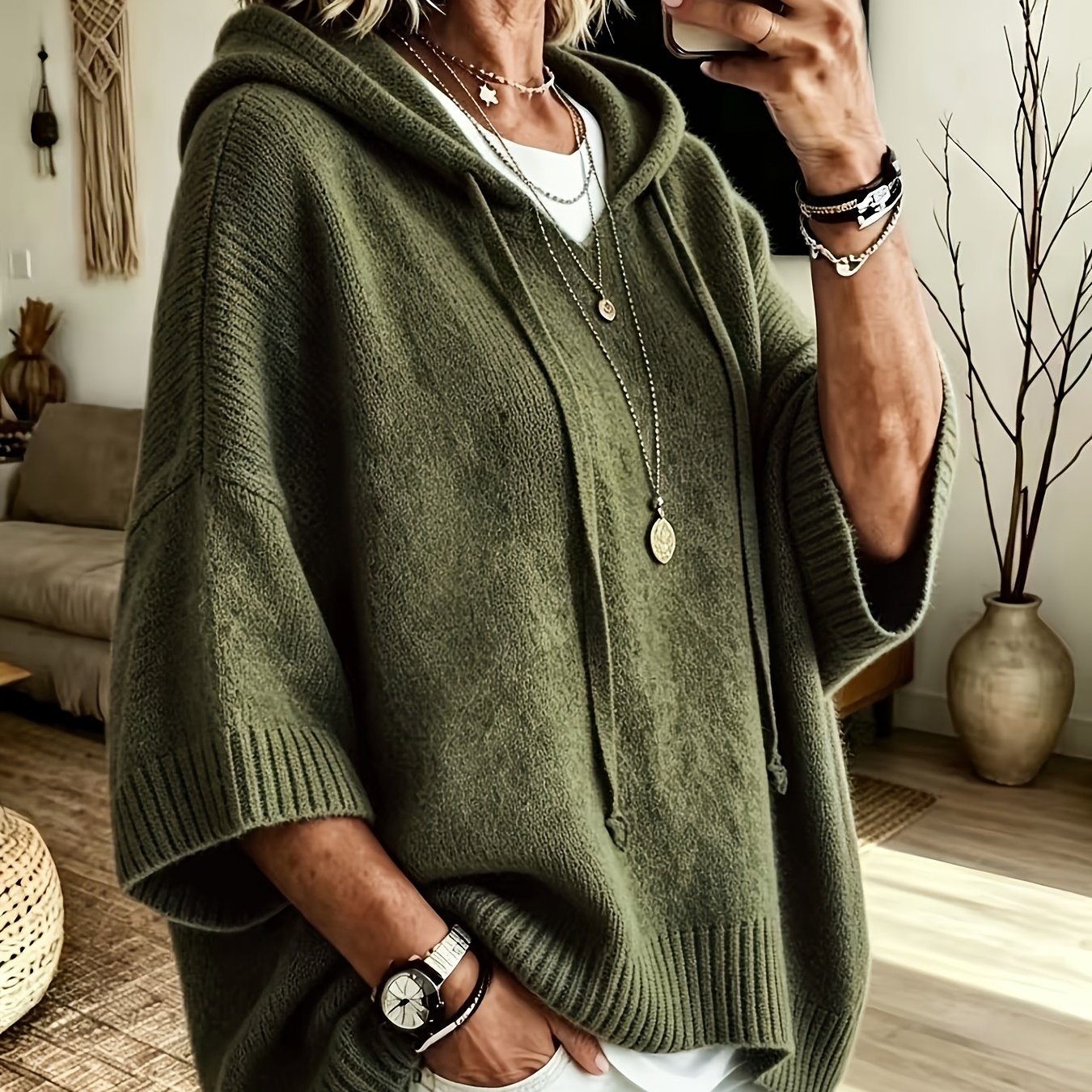 Plus Size Women's Casual Hooded Sweatshirt – Drawstring, Loose Fit for Spring and Autumn