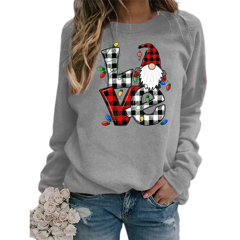 European And American Santa Claus Plaid Love Printed Round Neck Long Sleeve Sweater Coat Ladies