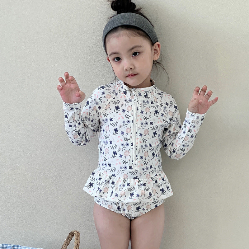 Girls' Long-Sleeve Floral One-Piece Swimsuit