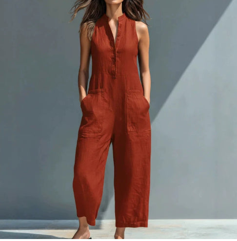 Linen-Blend Short-Sleeve Wide-Leg Jumpsuit