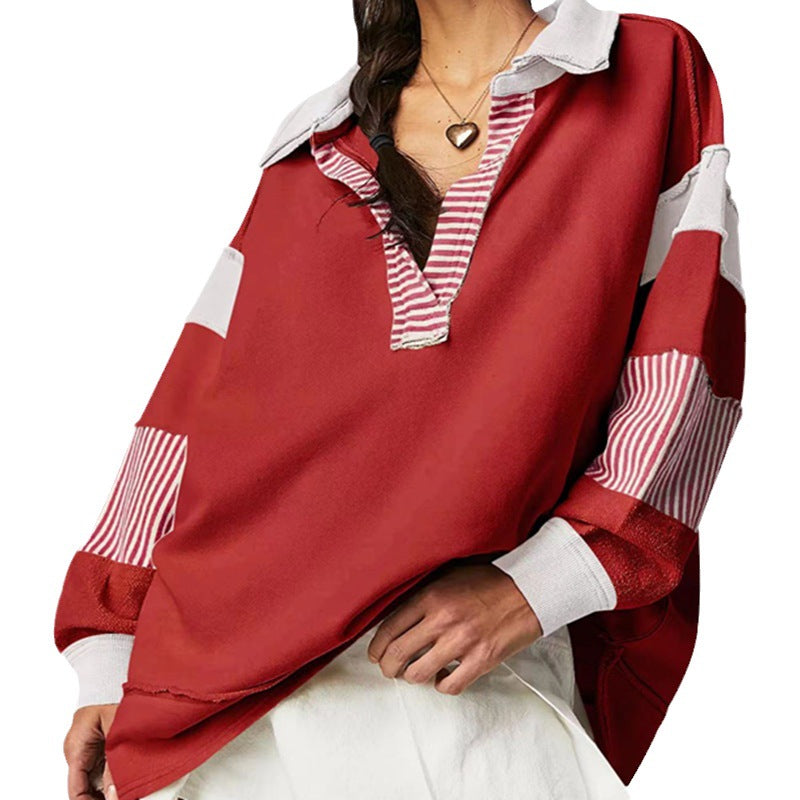Chic V-Neck Colorblock Long Sleeve Split Hem Casual Sweater