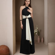 Chic Color-Blocked French Halter Wide-Leg Jumpsuit