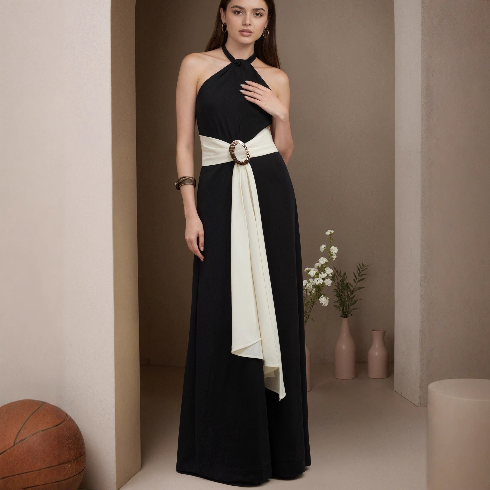 Chic Color-Blocked French Halter Wide-Leg Jumpsuit