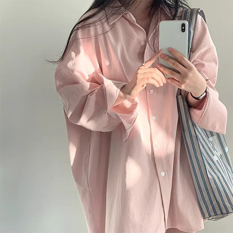 Polo Collar Single Row Button Loose Long Sleeve Long Shirt