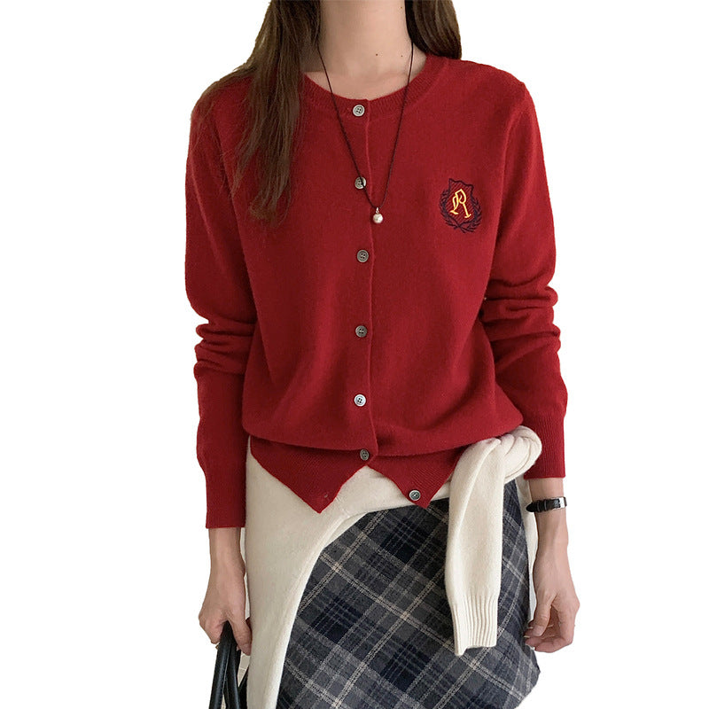 College Style Badge Embroidered Knitted Cardigan for Women