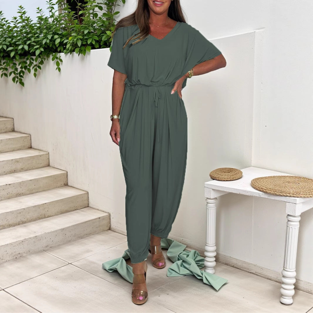 Chic V-Neck Lace-Up Loose Jumpsuit for Women
