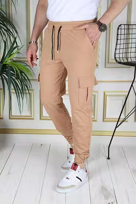 Unisex slim fit camel sweatpants with cargo pockets