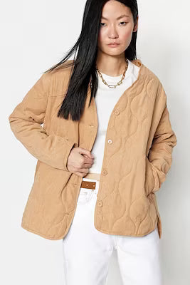 Camel Oversized Quilted Coat with Button Closure