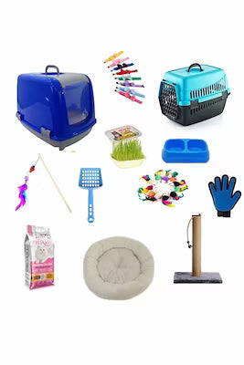 Complete cat starter set with litter box toys and supplies