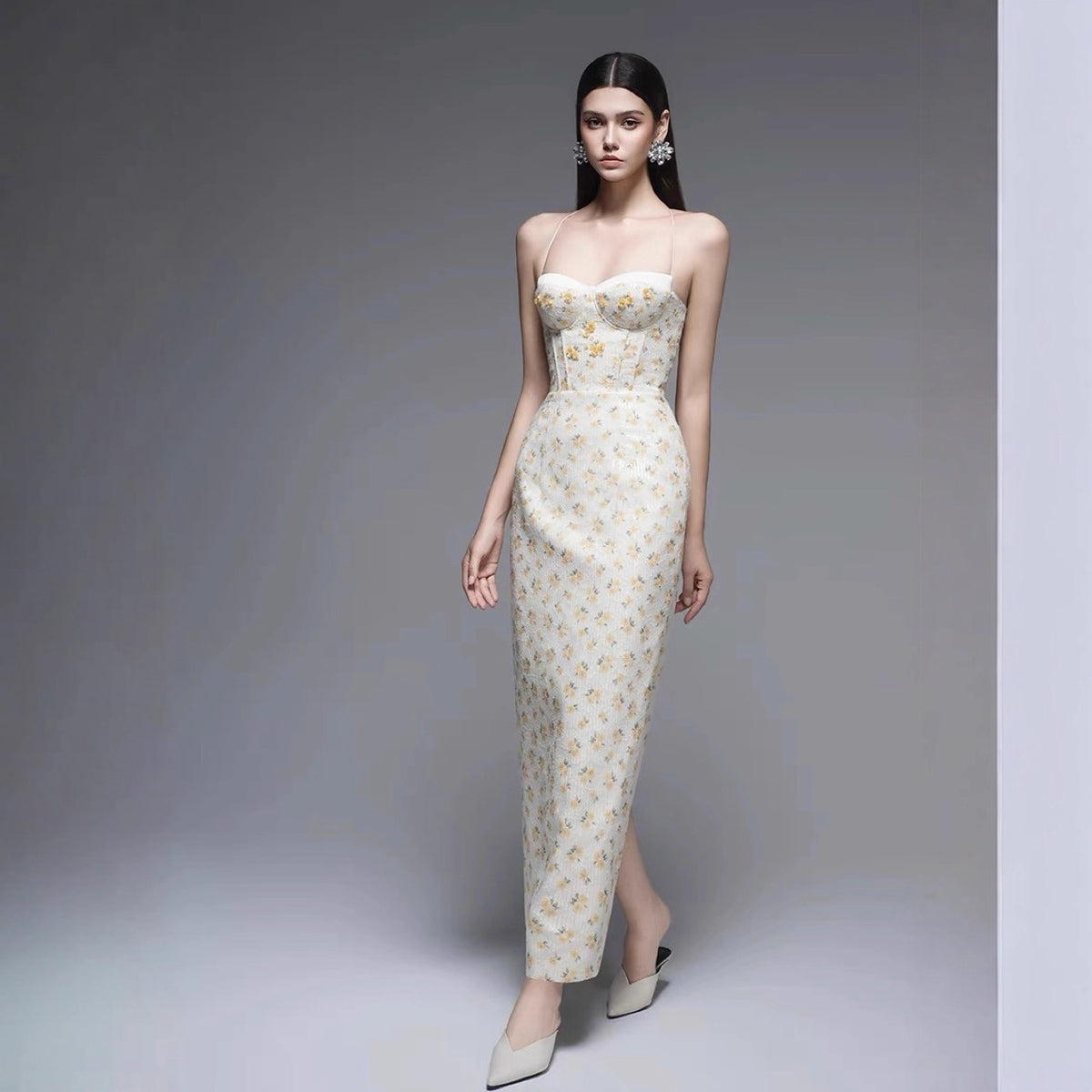 Yellow Floral Beaded Halter Corset Bodycon Dress