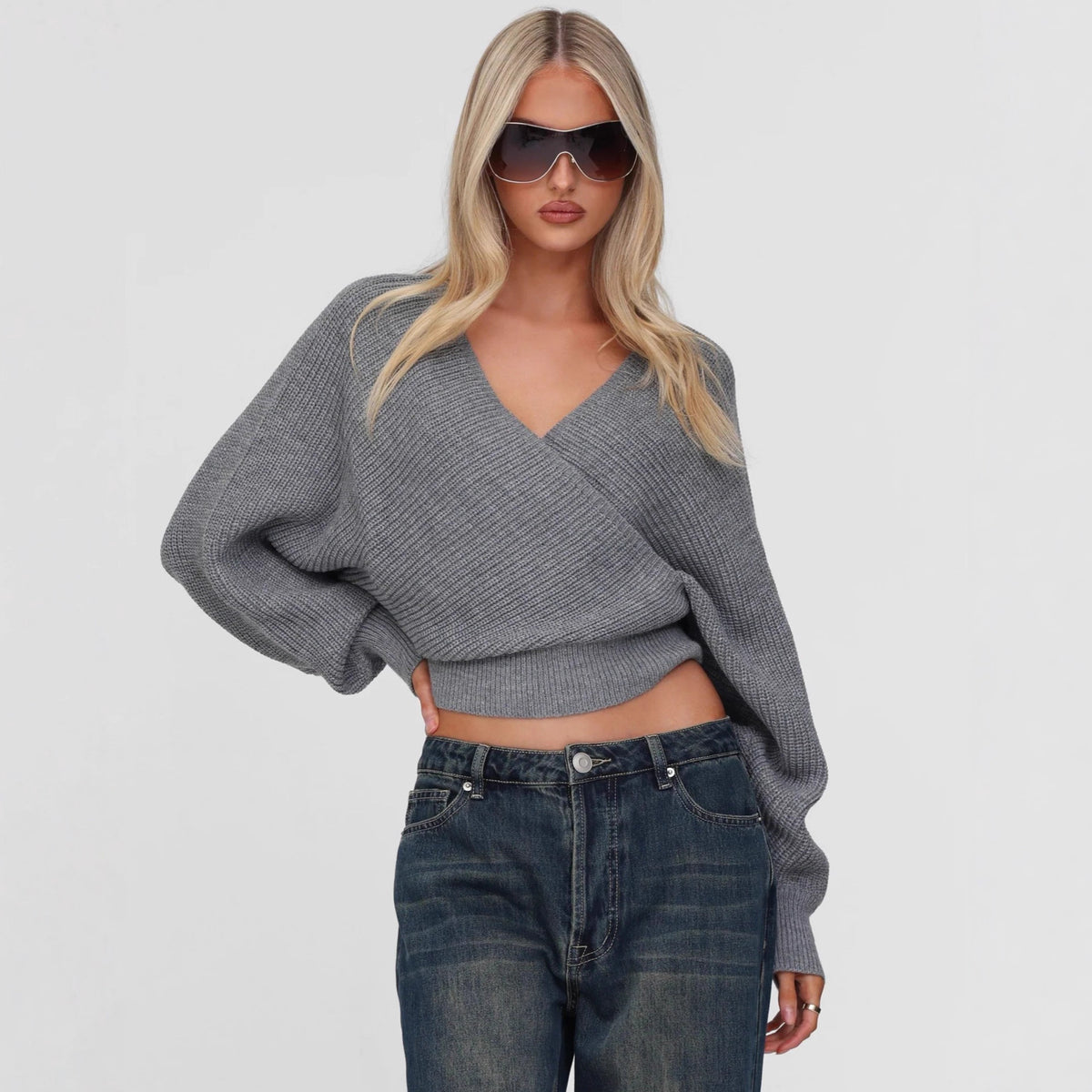 Cropped V-neck Long-sleeve Pullover Knit Sweater