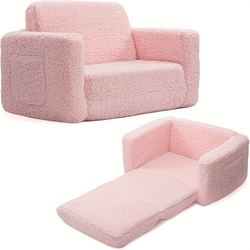 2‑in‑1 Soft Sherpa Kids Sofa with Fold‑Out Bed, Recliner and Double Storage Pockets