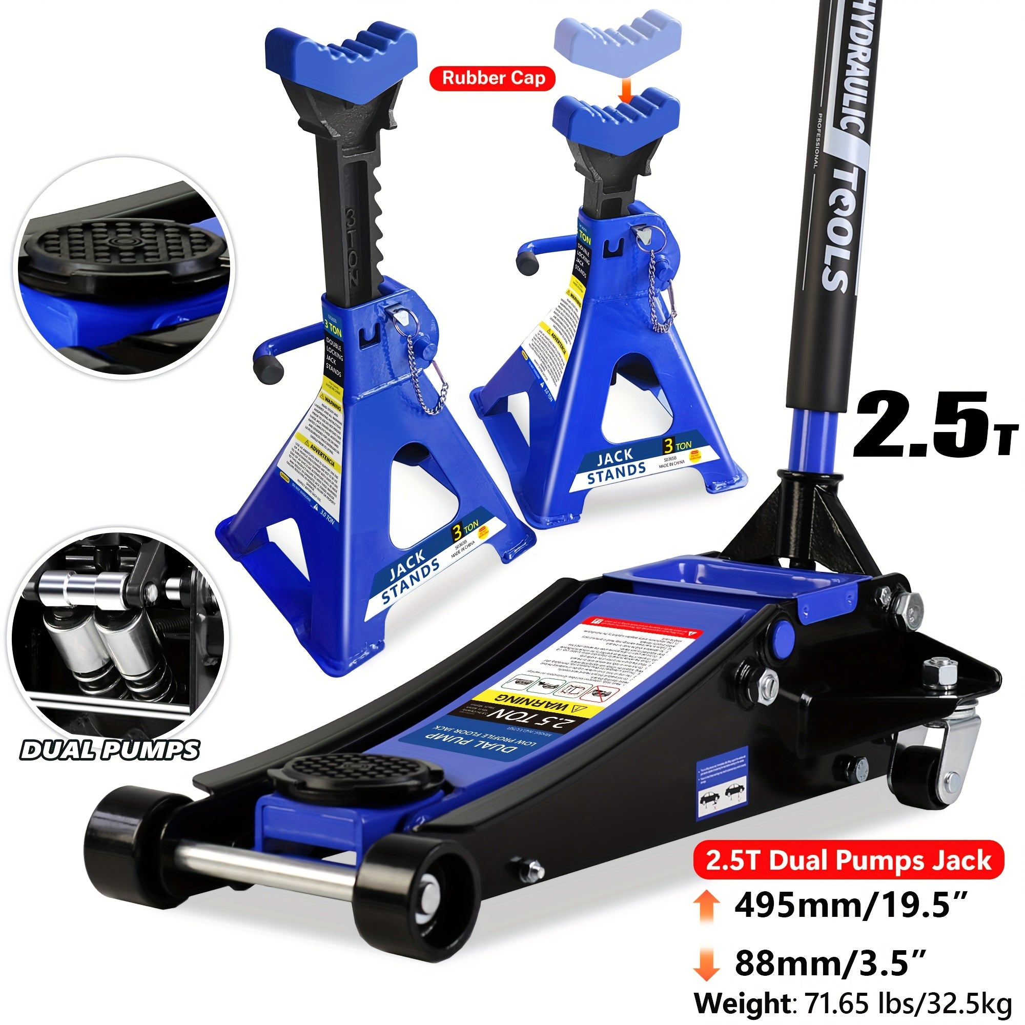 2/2.5/3 Ton Capacity Floor Car Jack Low Profile Garage Hydraulic Trolley Service Lift Floor Jack Combo with With 2 Ratchet 3 Ton Jack Stands, Tire Repair Kit, 14-inch Wheel Cross Wrench, Wheel...