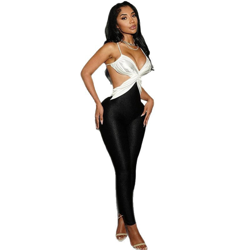 Women's Backless Contrast High-Waist Slim Jumpsuit
