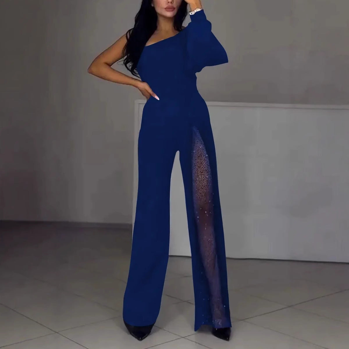 Sexy Oblique Shoulder High Slit Long Sleeve Jumpsuit