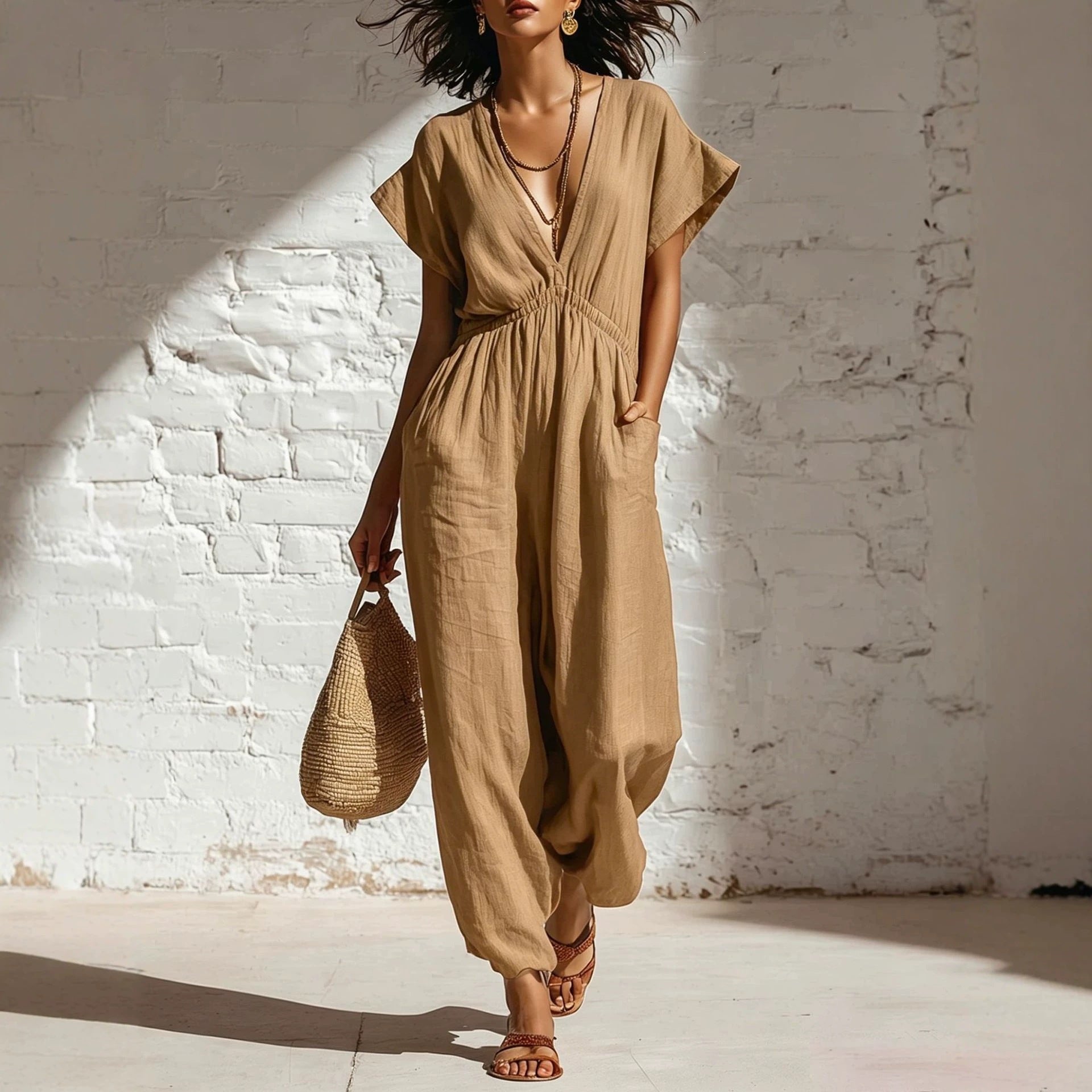Womens V-neck Relaxed-fit Waist-cinching Jumpsuit