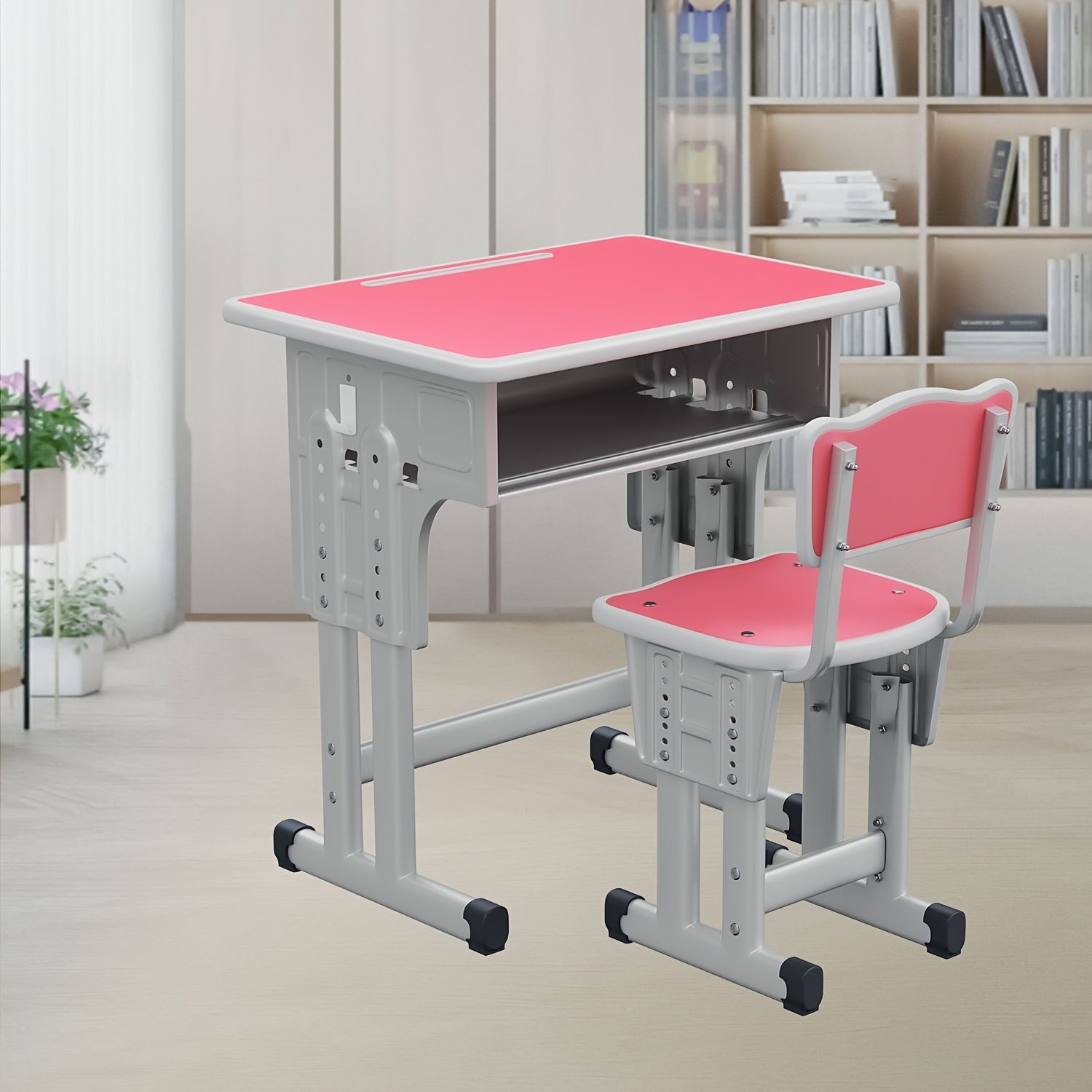 Adjustable Height Metal Desk and Chair Set for Children – Includes Utility Drawer