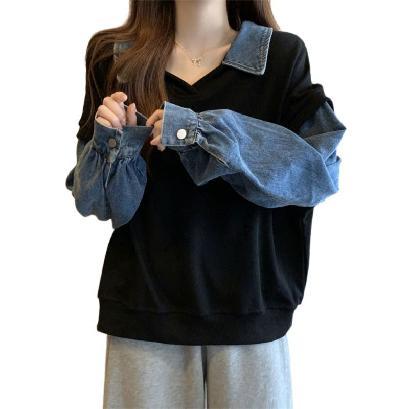 Plus Size Denim False Two-Piece Slimming Sweater