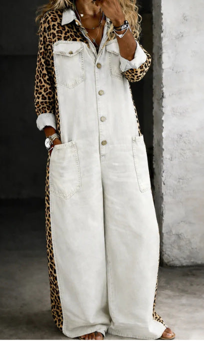 Chic Printed Long-Sleeve Lapel Jumpsuit