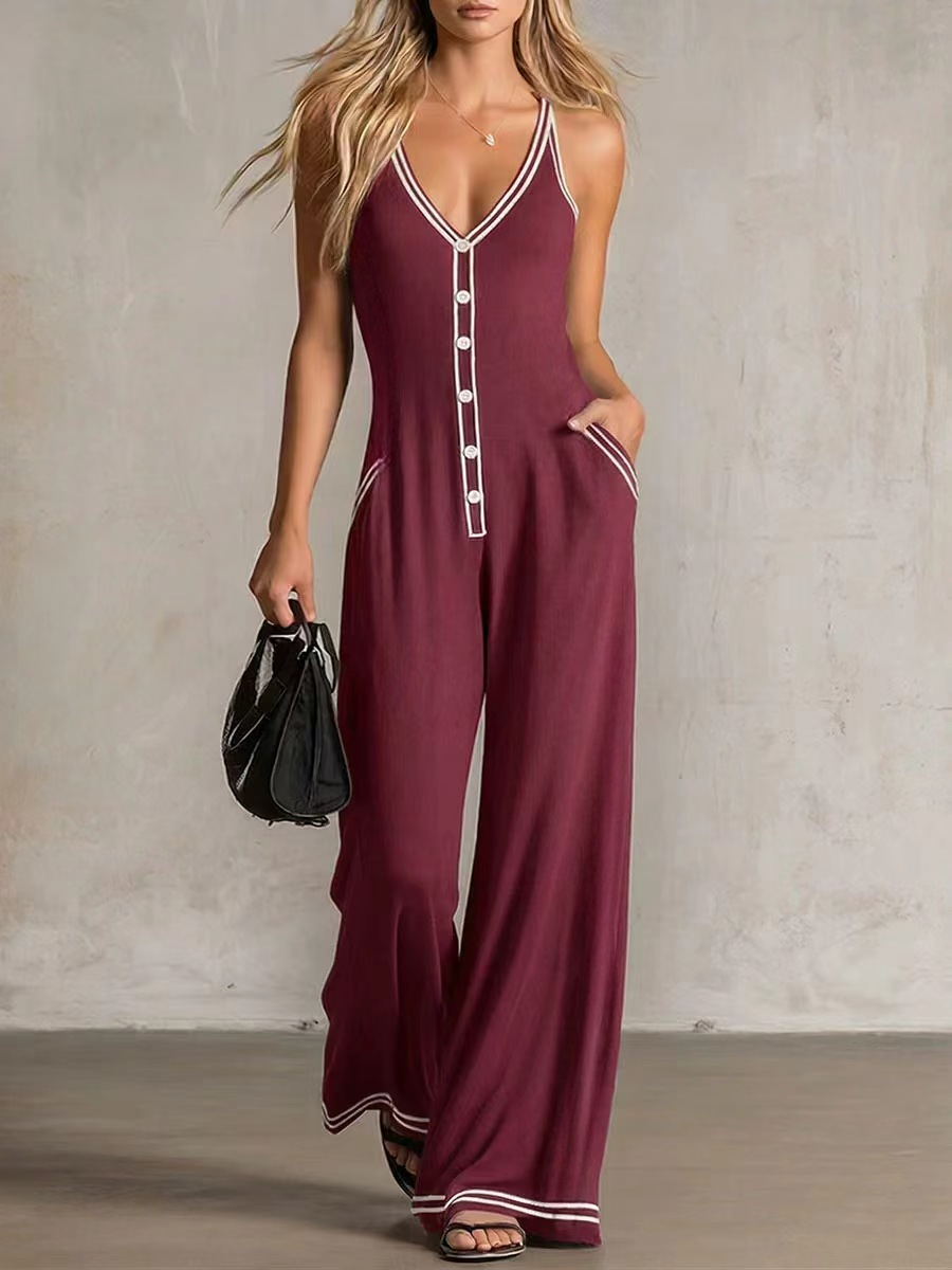 Chic French V-Neck Wide-Leg Cami Jumpsuit