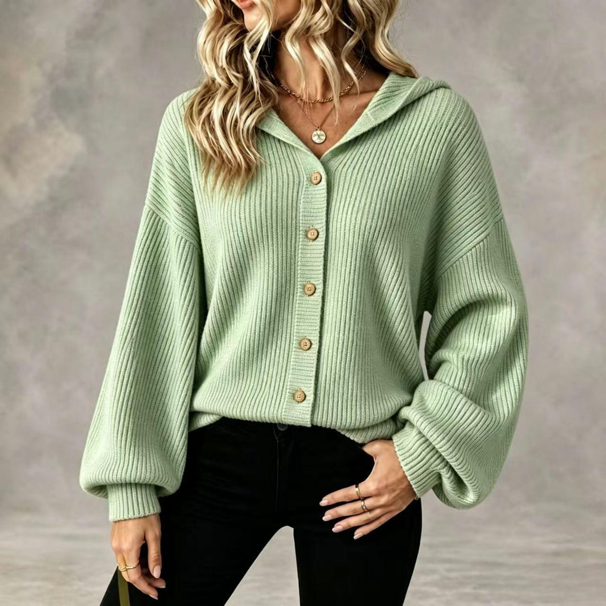 Hooded Knitted Cardigan Loose-sleeved Corduroy Coat with Buttons for Women