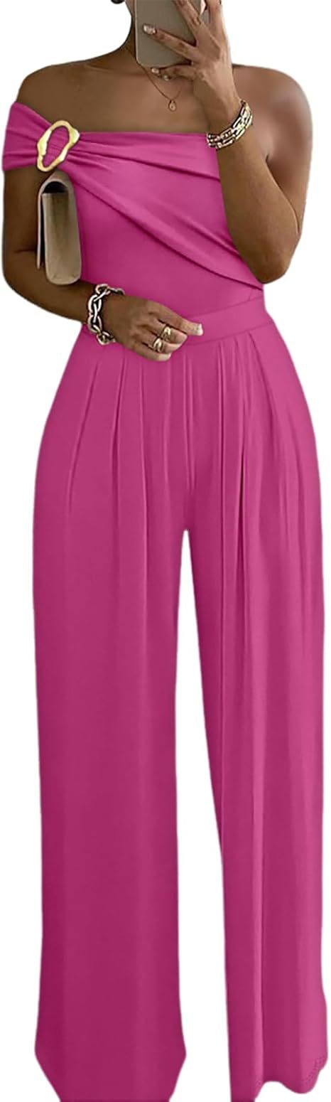 Metallic One-Shoulder Pleated Wide-Leg Jumpsuit