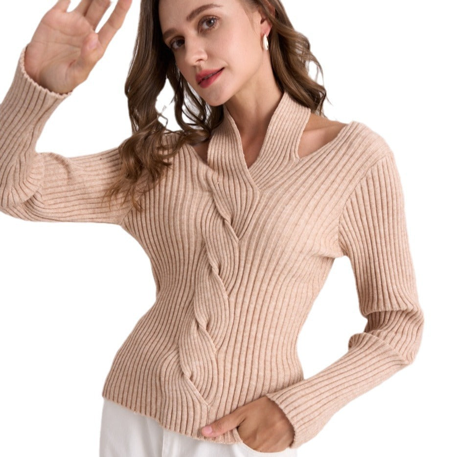 V-neck Cable Knit Sweater Turtleneck Ribbed Long-sleeve Top for Women