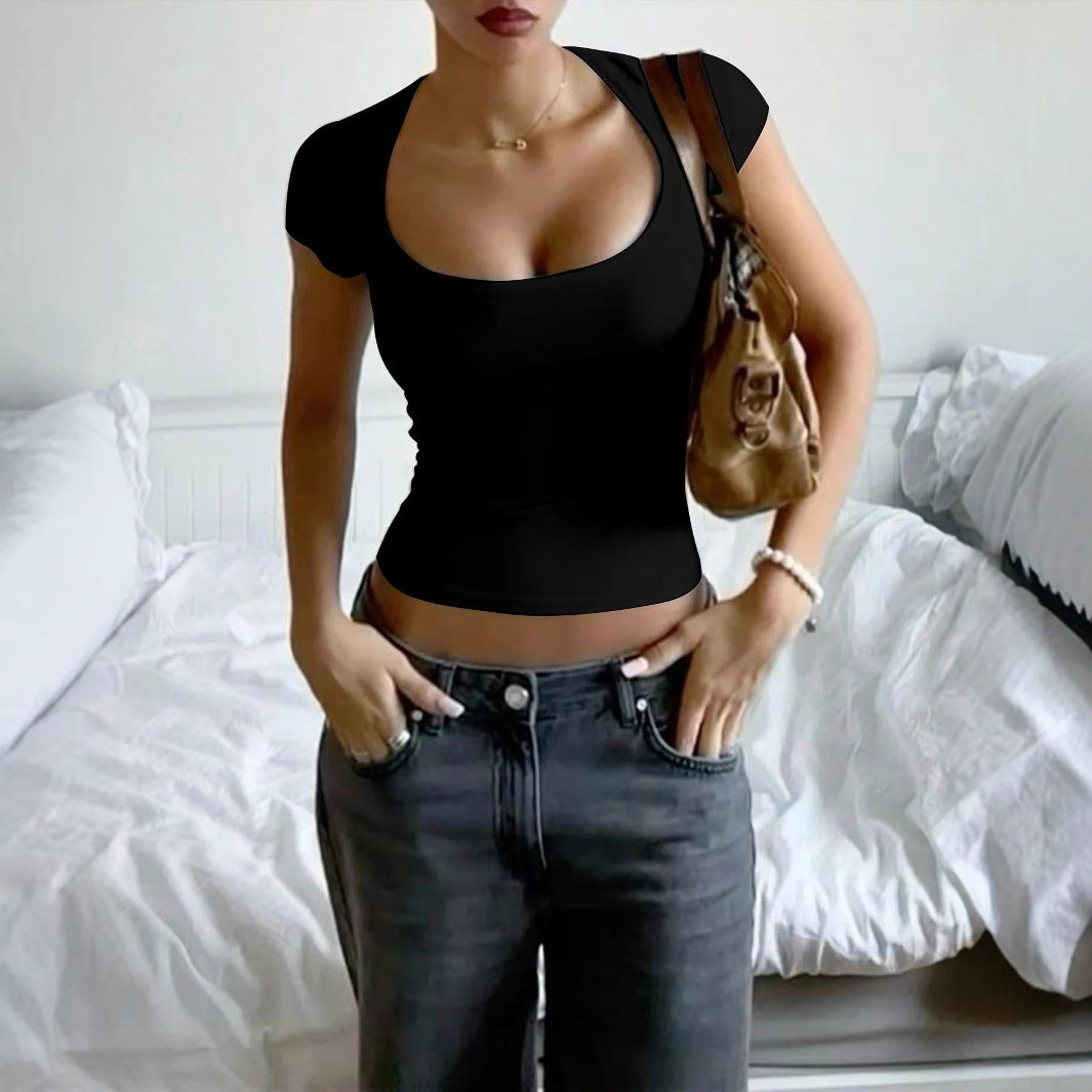 Cropped Figure-flattering U-neck Short-sleeve T-shirt
