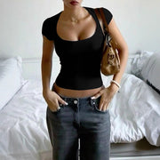 Cropped Figure-flattering U-neck Short-sleeve T-shirt