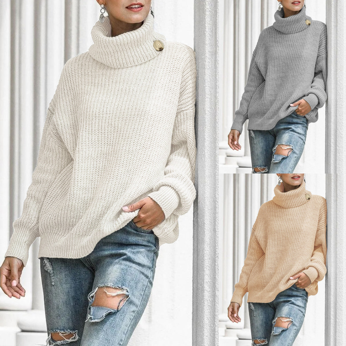 Autumn and Winter New Button Knitted Pullover Turtleneck Sweater