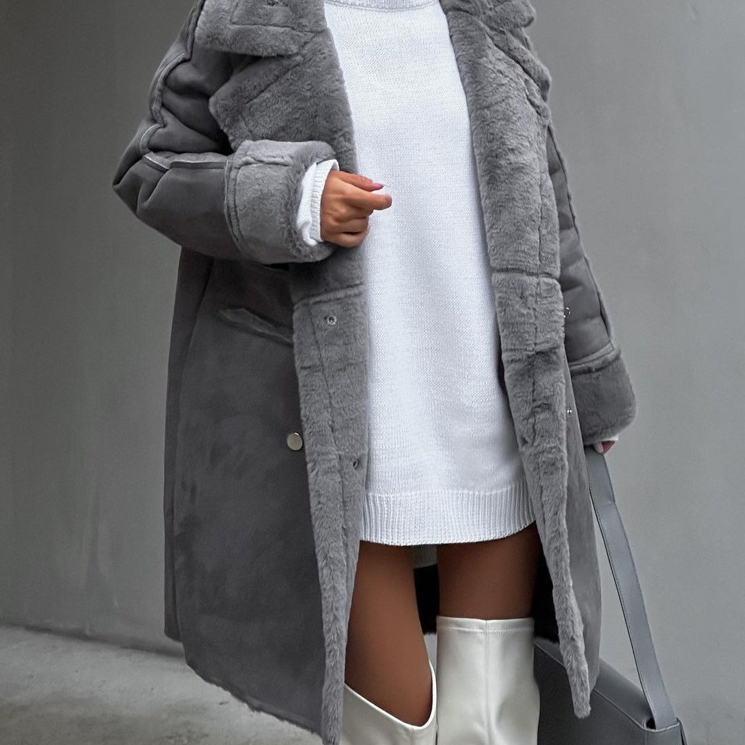 Plush Suede Long Cardigan Coat with Collar