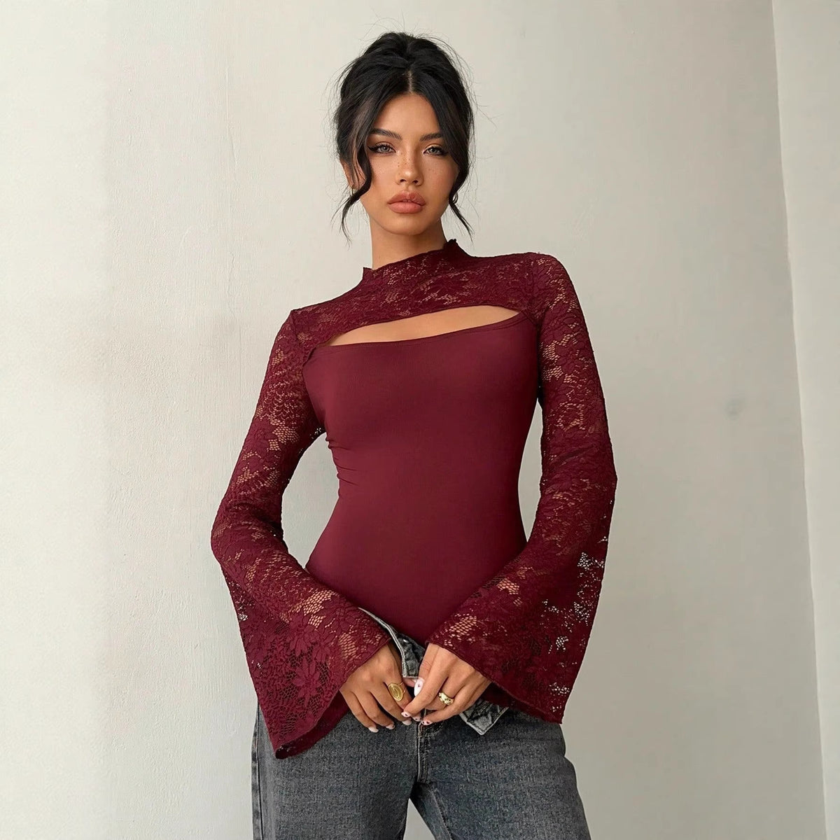 Women's Sexy Lace Hollow-Out Long Sleeve Jumpsuit