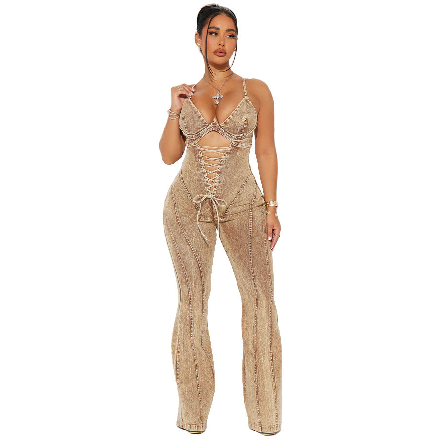Chic Lace-Up Denim Jumpsuit with Hollowed-Out Waist