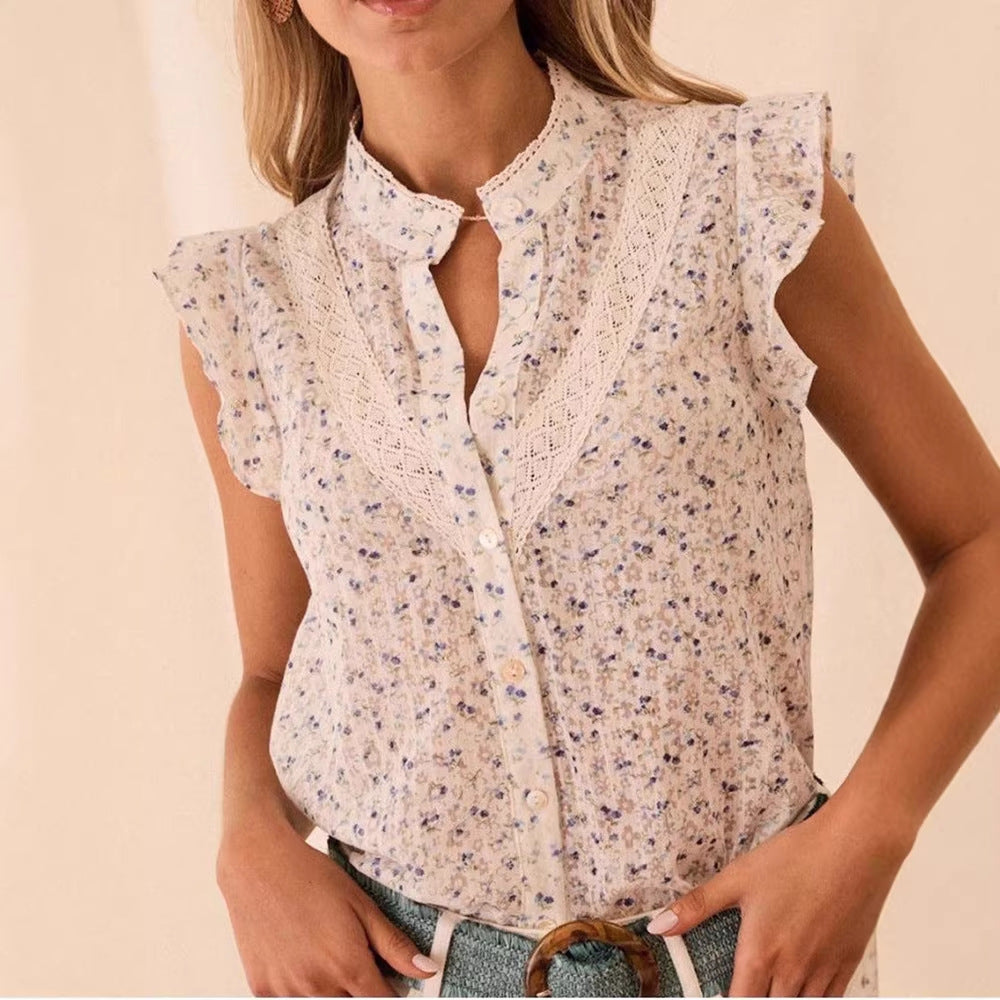 Womens Printed Floral Lace-Patchwork Cap Sleeve Shirt