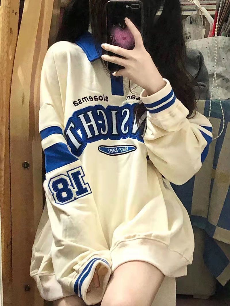 Retro Japanese Color-Block Loose Long Sleeve Pullover Sweatshirt